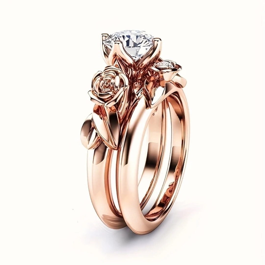 Bague en or rose exquise avec des fleurs de rose
