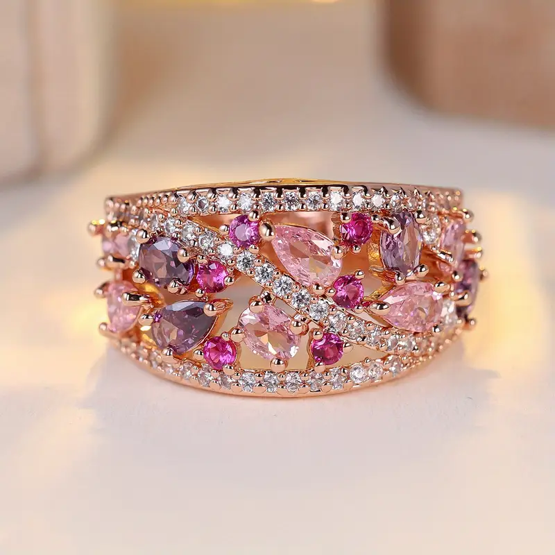 Bague fleur en zirkonia Rose