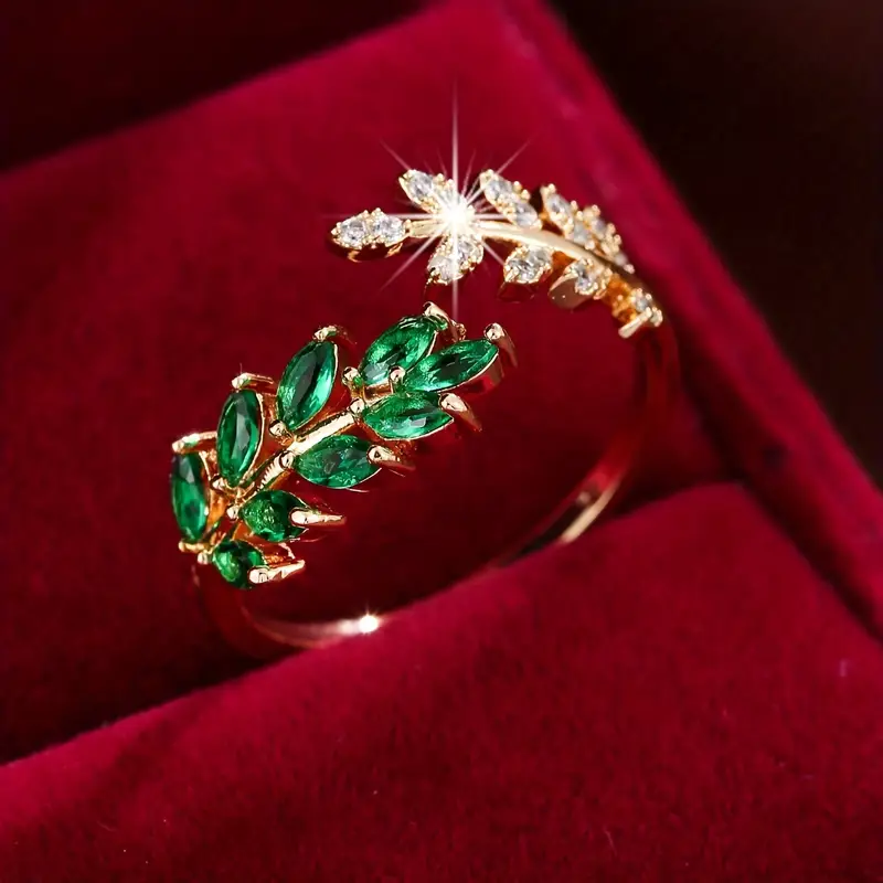 Bague ouverte avec des feuilles vertes en zirconium
