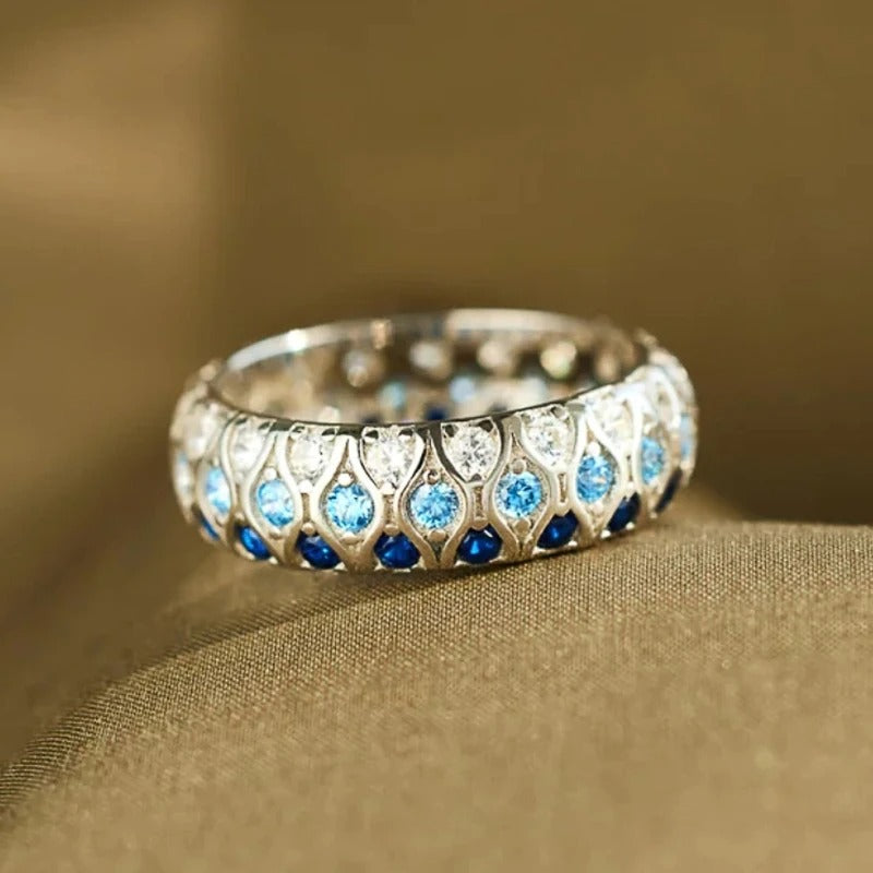 Bague vintage à deux tons avec bande en cristal bleu