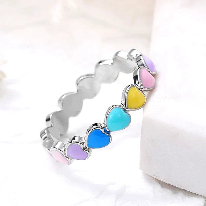 Bague cœurs arc-en-ciel en argent sterling 925 et émail peint à la main