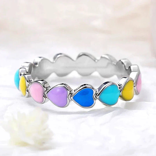 Bague cœurs arc-en-ciel en argent sterling 925 et émail peint à la main