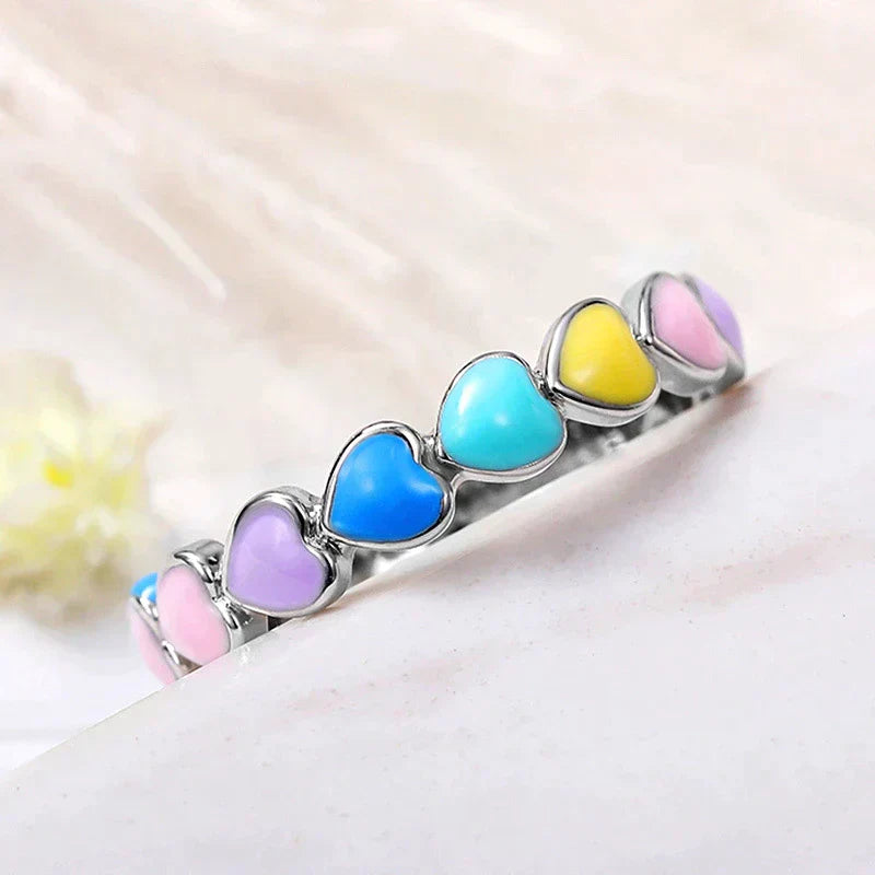 Bague cœurs arc-en-ciel en argent sterling 925 et émail peint à la main