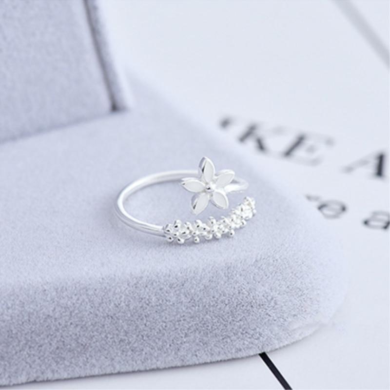 Bague ajustable en argent 925 avec motif de fleurs sauvages en émail peint à la main