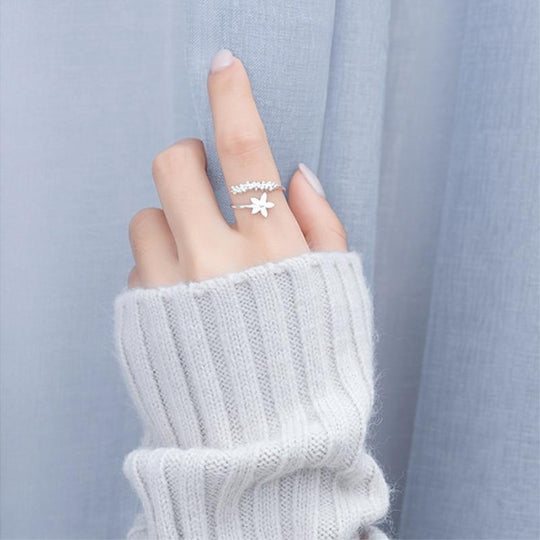 Bague ajustable en argent 925 avec motif de fleurs sauvages en émail peint à la main