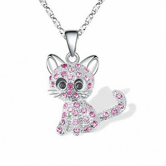 Collier en argent avec pendentif en forme de chat et pierres de zirconium colorées