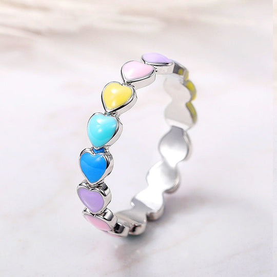 Bague cœurs arc-en-ciel en argent sterling 925 et émail peint à la main