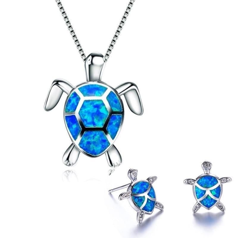 Ensemble de collier et boucles d'oreilles avec des tortues marines en opale