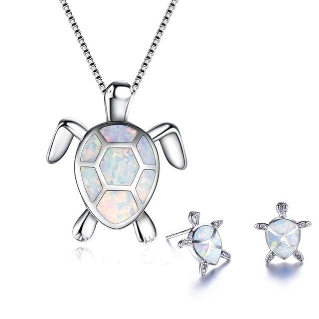 Ensemble de collier et boucles d'oreilles avec des tortues marines en opale