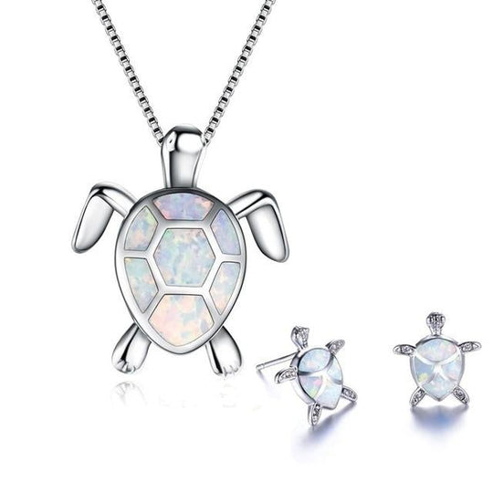 Ensemble de collier et boucles d'oreilles avec des tortues marines en opale
