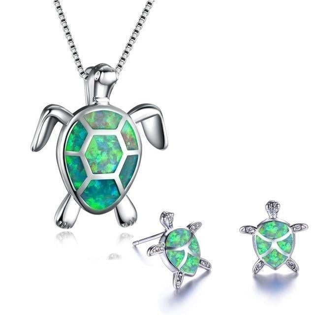 Ensemble de collier et boucles d'oreilles avec des tortues marines en opale