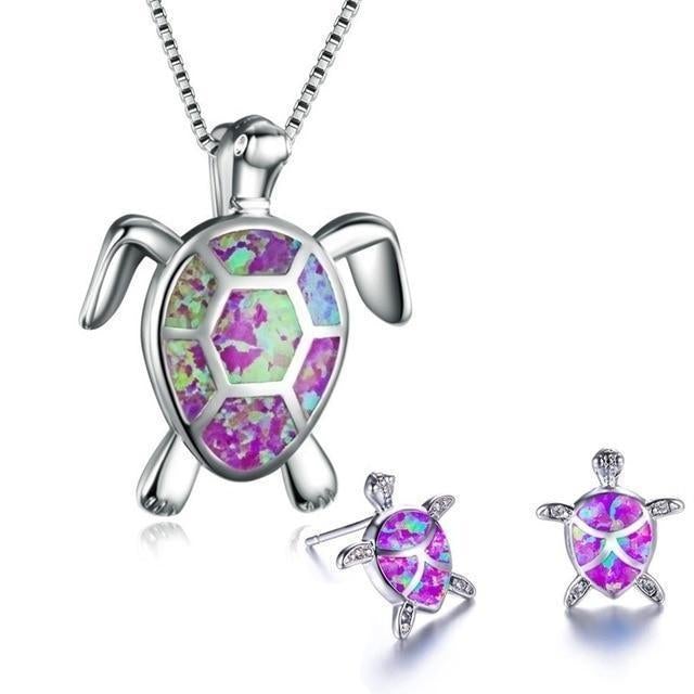 Ensemble de collier et boucles d'oreilles avec des tortues marines en opale