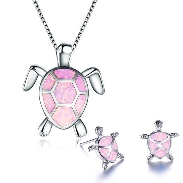 Ensemble de collier et boucles d'oreilles avec des tortues marines en opale