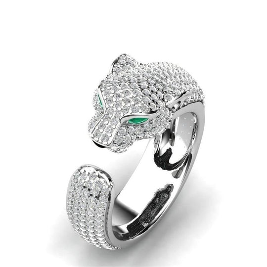 Bague Jaguar ajustable en argent 18K et or rose avec des yeux en zirconium vert