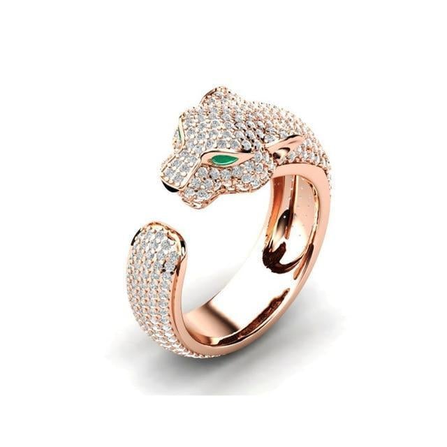 Bague Jaguar ajustable en argent 18K et or rose avec des yeux en zirconium vert