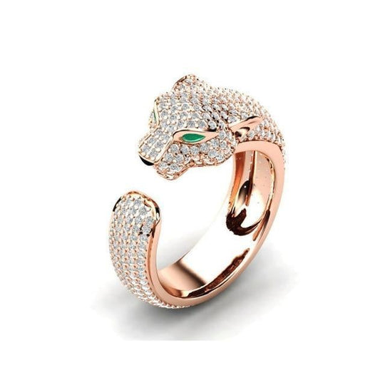 Bague Jaguar ajustable en argent 18K et or rose avec des yeux en zirconium vert